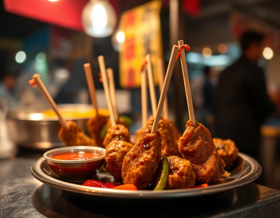 Crispy chicken lollipops with red schezwan dip