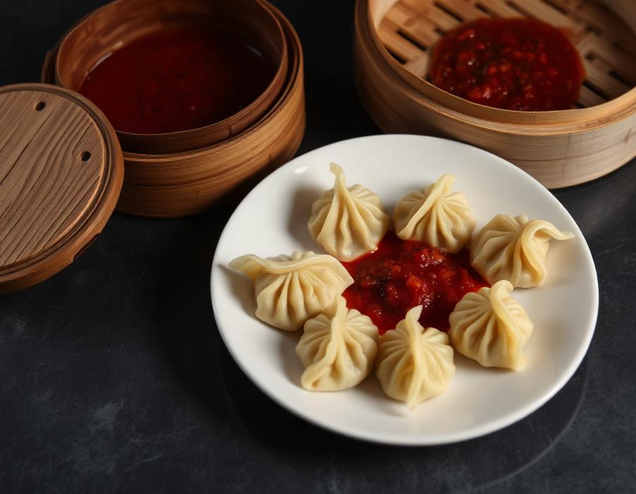 Steamed momos plated with spicy red chutney