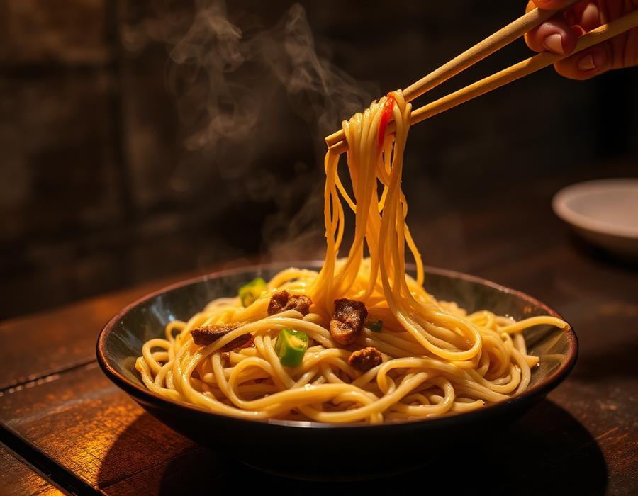 Steaming veg hakka noodles being tossed with chopsticks