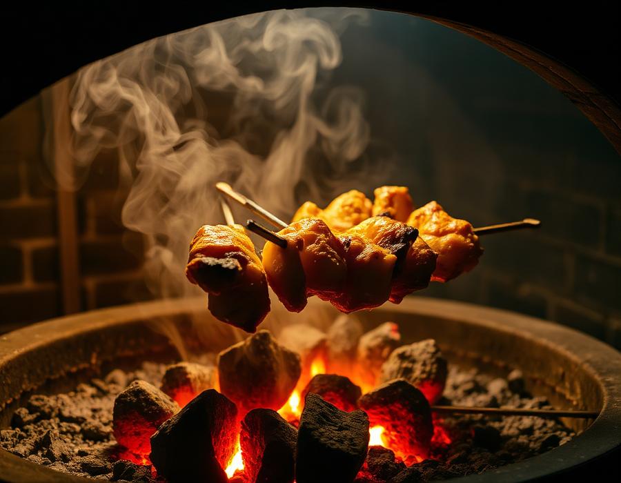 Tandoori chicken skewers charring over glowing coals